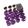 Vague de corps 1B Violet Ombre Bundles de cheveux humains brésiliens avec fermeture Racine foncée Violet Ombre Vierge Tissages de cheveux avec fermeture en dentelle 4x4