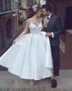 Romantiska Spaghetti Straps Satin Beach Bröllopsklänningar Trädgård Te Längd Plus Storlek Boll Anpassad Vestido de Novia Formell Bridal Gown Arabic