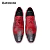 High Quality Men Oxfords Shoes British Style Carved Genuine Leather Shoes Wine Red Brogue Lace-Up Bullock Business Mens Flats