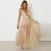 Lady Evening Party Long Dress With Rhinestone Gold Maxi Dress Long Sleeves Mesh Sexy Deep V-neck Clothing