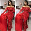 Plus Size Vestidos de Baile Vermelho Rendas 3D Apliques Florais Fora Do Ombro Manga Comprida Sereia Vestidos de Noite Com Trem Destacável Vestido Formal