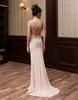 Champagne zeemeermin kant avondjurken v-hals backless prom jurken vestidos de fiesta vloer lengte satijnen formele jurk