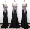 Noir sirène robes de bal bijou appliques perles cristal balayage train satin sexy dos robes de bal soirée robes de soirée arabe