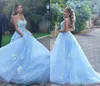 Elegant Women Formal Evening Dresses With 3D-Floral Appliques Beaded Illusion Back Sky Blue Tulle Plus Size Occasion Dresses Prom Gowns