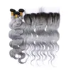 Raiz Escura # 1B / Cinza Ombre Cabelo Humano Brasileiro Tece Onda Do Corpo com 13x4 Cheia Do Laço Frontal Encerramento Ombre Silver Grey Cabelo Virgem 3 Pacotes