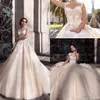 2018 Robes De Mariée Champagne Une Ligne Sheer Neck Applique Dentelle Corset Court Train Robes De Mariée Sur Mesure Robes De Fête De Mariage