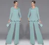 Graceful Mint Green Chiffon Mothers Pants Suit Mother's Dresses Jewel Neckline Long Sleeve With Beads And Sequins Two Pieces For Wedding Party Guest Dresses