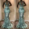 Vert menthe 2018 robe de sirène tenue de soirée trou de serrure cou dentelle appliques robes de bal grande taille robes d'occasion spéciale