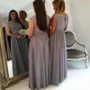 Grey Chiffon Long Bridesmaid Dresses Jewel Neck Capped Sleeves Lace Applique Floor Length Maid of Honor Dress A-Line Plus Size Prom Dress