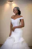 2019 Cheap Elegant Off Shoulder Mermaid Wedding Dresses Ruffles Tulle Shirt Satin Beads African Bridal Gowns Plus Size Lace Up