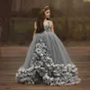 Vestido de fiesta con cuentas grises, vestidos de desfile para niñas, vestido de niña de flores con cuello en V, vestido de tul con apliques 3D hasta el suelo, vestido de comunión para niños