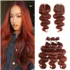 Copper Red Hair Bundles # 33 Auburn Wiązki Włosów Z Koronką Zamknięcie Ciała Fala Brazylijski Human Virgin Hair Extension 3 z góry Zamknięcie