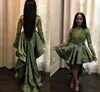 Olive Green Hi-Lo Cocktail Dresses Jewel Neck Long Sleeves Beads Sequined Formal Prom Evening Dresses Party Gowns Homecoming Dress