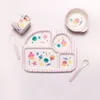 5pcs/set Bamboo Fiber Children Tableware Set Baby Feeding Plates Dishes BWith Cup Fork Spoon Cartoon Animal Kids Dinnerware