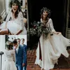 Beautiful Long Sleeve A-Line Two Pieces Beach Country Wedding Gowns Chiffon Ruffles Lace Top Boho Custom Made Bohemian Bridal Gown