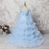 Ice Blue Butterfly Aplikacje Dziewczyny Korowody Suknie Sheer Długie Rękawy Lace Up Powrót Kwiat Dziewczyna Suknie Dla Wedding Tulle Wielopięciowy Bal Ball Suknia