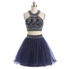 Navy 2 Pieces Short Cocktail Prom dresses halter Keyhole Back Bling Crystal Beaded Ruched Tulle A line Rhinestones Homecoming Party Dress