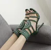 Stile etnico Open Toe Designer con strass Sandali con tacco alto Sandali con tacco alto in cristallo Scarpe estive con diamanti Sandali da donna gladiatore nero verde