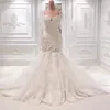 Vestido de casamento frisado de cristal pesado lindo dubai mais tamanho sereia vestido nupcial querida laço apliques meia manga vestidos de casamento