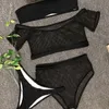 Malha preta sexy mulheres roupa de banho bandeau top fourpieces meninas festa praia banhos de sol natação biquini define elástico suave spande4234695