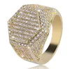 Mens 18k placcato oro geometrico esagono ghiacciato pavimenta CZ Bling anello pieno di diamanti simulati pietre anelli in argento oro con confezione regalo