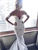 2021 Lace Mermaid Wedding Dresses Sweetheart Tulle Applique Sweep Train Wedding Bridal Gowns With Buttons Back BA6465