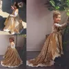 Gold Sequined High Low Girls Pageant Gowns With Lace Sheer Long Sleeves Sweep Train Flower Girl Dresses For Wedding Custom Made Baby Dress