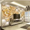 Custom Retail 3D Diamonds Seven Roses Diamonds Gold Flowers Jewelry Indoor TV Background Wall Decoration Murals