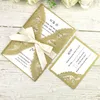 Kits de tarjetas de invitación de boda cortadas con láser en oro oscuro con cintas + tarjetas RSVP para despedida de soltera, compromiso, baby shower, cartulina de graduación