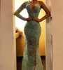 Sexy Sage Lace 2019 Evening Dresses Single Long Sleeves Sheath Illusion Formal Dubai African Prom Gowns With Split Front Beading