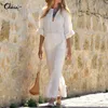 2018 Celmia Vintage Robe En Lin Femmes Sexy Col En V À Manches Longues Côté Split Solide Casual Parti Long Maxi Robes Caftan Plus La Taille D18111206