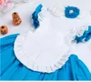 Flickor Klänning 2018 Nya Bomull Barnkläder Alice Cinderella Klänning Vit Blå Bow Baby Girls Cosplay Party Princess + Hårband 2st Kläder