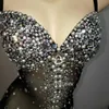 Sexig Crystal Leotard Stage Wear V Neck Se genom pärlor Rhinestones Bodysuit ärmlös Mesh Nightclub Bar DJ Singer Dance Costume Party Show Performance Tights