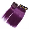 Прямые фиолетовые перуанские человеческие волосы Ombre Virgin с застежкой, 4 шт. Лот, двухцветные 1B, фиолетовые плетения Ombre с кружевом 4x4 9222457