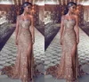 Sexy Rose Gold Sequins Lace Mermaid Vestidos de dama de honor para bodas Invitado de un hombro Dirigido Splited Maid de Honor 403