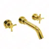 ROLYA Luxurious Golden Solid Brass Three Holes Dual Handles Wall Mounted Basin Faucets Bathroom Sink Mixer Tap