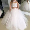 Newest Two Pieces Girls Pageant Dress High Neck Beaded Lace Appliques Puffy Tulle Floor Length Flower Girl Dress Kids Formal Gowns