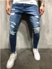 West Side Striped Blue Ripped Denim Long Trousers Pants Distressed Washed Biker Cool Slim Jeans Mens High Street Pants