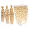 Bleichmittel Blonde Wasserwelle Haarbündel mit Frontal-Spitze Schließung # 613 Bleach Blonde Wet und Wavy Menschliches Haar Webart Extensions Mit Frontal