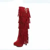 Kvinna Vinter Skor Kvinnor Stövlar Faux Suede Over Tassels Knee Flat Warm Boots Bekväm Lår Höga Stövlar