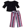 Printemps été enfants vêtements ensembles 2018 bébé filles à manches longues épaules nues hauts T-shirt rayé pantalons longs 2 pièces enfants filles tenues 1-5T