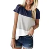 Estate Nuovo Stile Moda Donna Manica Corta T Shirt Girocollo A Righe Patchwork di Cotone Magliette E Camicette Magliette Tshirt Szie S-XXL