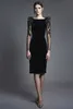 Chana Marelus Black Cockatail Dresses Long Sleeve Slim Fit 3D Floral Appliques Beaded Elegant Prom Dress Evening Wear Knee Length Formal