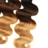Body Wave Ombre vävbuntar med stängning 1b / 4/27 Ombre Honey Blonde färgat brasilianskt mänskligt hår 3 buntar med 4 * 4 spetsslutning