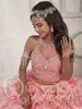 Affascinante gonna a tracolla Due pezzi Coral Quinceanera Abiti Sweet 16 pizzo Organza di pizzo Plus Masquerade Sheer Prom Wasture Dress3251316