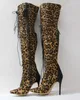 Senhor Sexy Curça de Leopardo de Toe Leopardo sobre o joelho de joelho de calcanhar botas Gladiator Boots Lace-up Taxa High Heel Long Boots Club Sapatos