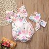 Floral bébé barboteuse vêtements ensemble 2018 été nouveau-né bébé fille à volants manches body combinaison + bandeau 2 pièces tenue Sunsuit