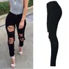 Nouvelle Mode 2018 Haute Élastique Coton Femmes Noir Taille Haute Déchiré Jeans Déchiré Trou Genou Maigre Crayon Pantalon Mince Capris