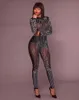 Kvinnors jumpsuit tight bodysuit svart sexig spetsnät glänsande paljetter strass jumpsuit långärmad byxor en bit bodysui3150