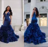 Royal Blue Mermaid Long Prom Dresses V Neck Satin Backless Sweep Train Formal Evening Party Gowns with Layed Ruffle